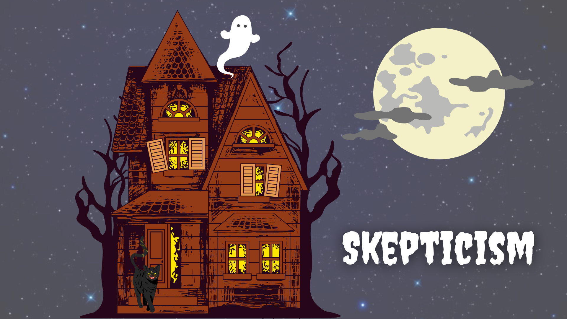 Haunted house at night with ghost, skepticism is a tool that protects us from being fooled