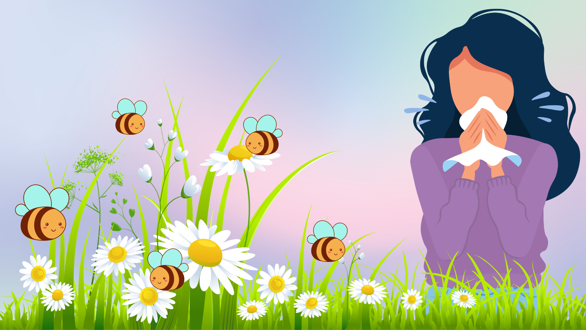 Woman sneezing in a field of flowers with bees