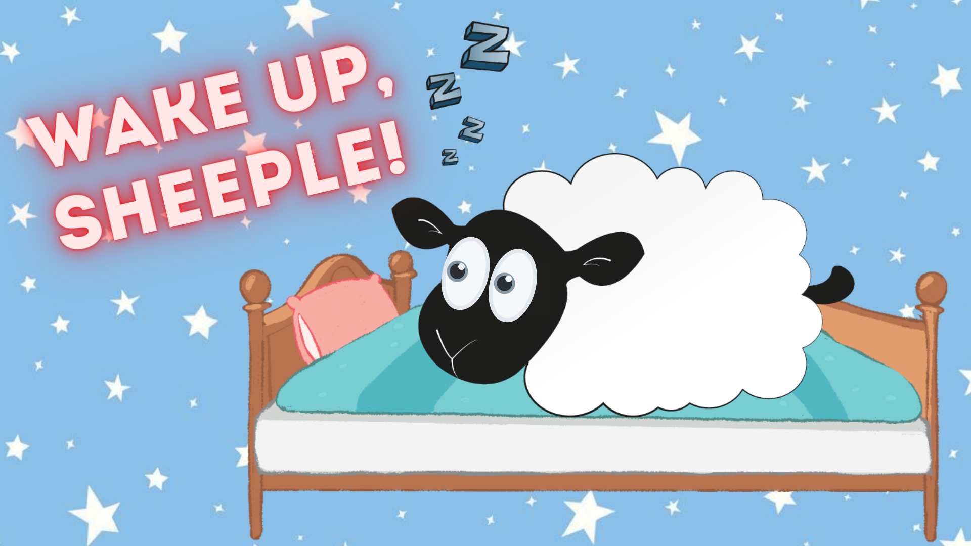 Sheep lying in bed with wake up, sheeple