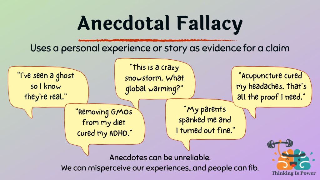 Anecdotal fallacy uses a personal experience or story as evidence for a claim. Examples are I've seen a ghost so I know they're real, removing GMOs from my diet cured my ADHD, this is a crazy snowstorm what global warming, my parents spanked me and I turned out fine, and acupuncture cured my headaches that's all the proof I need.