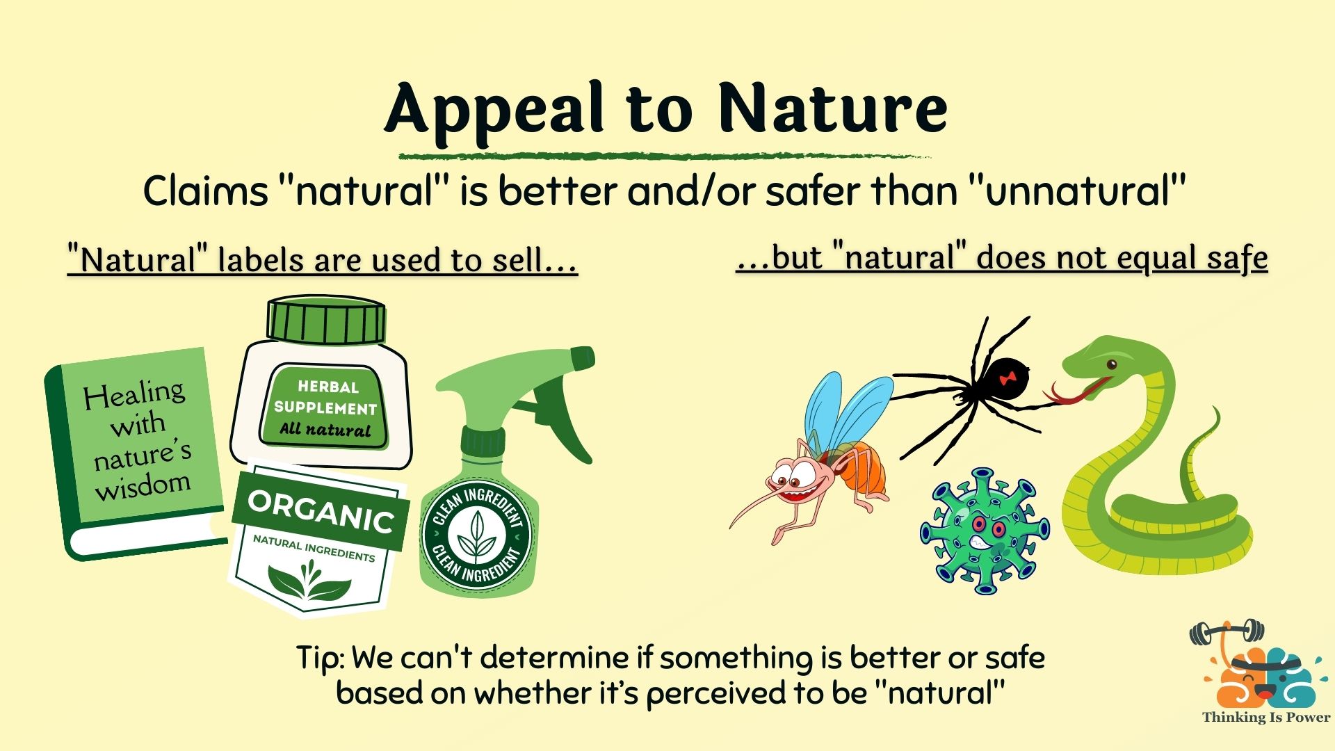 Appeal to nature fallacy claims natural is good and/or unnatural is bad; advertisements all natural, herbal supplement, nature's best remedies, plant-based cleaner, organic non-GMO water, chemical-free and non-toxic beauty cream; it's a myth because nature can be harmful examples black death arsenic tape worms asbestos smallpox black widow spiders; synthetic can be good examples vaccines antibiotics toilets fertilizers pasteurization chemotherapy satellites drugs