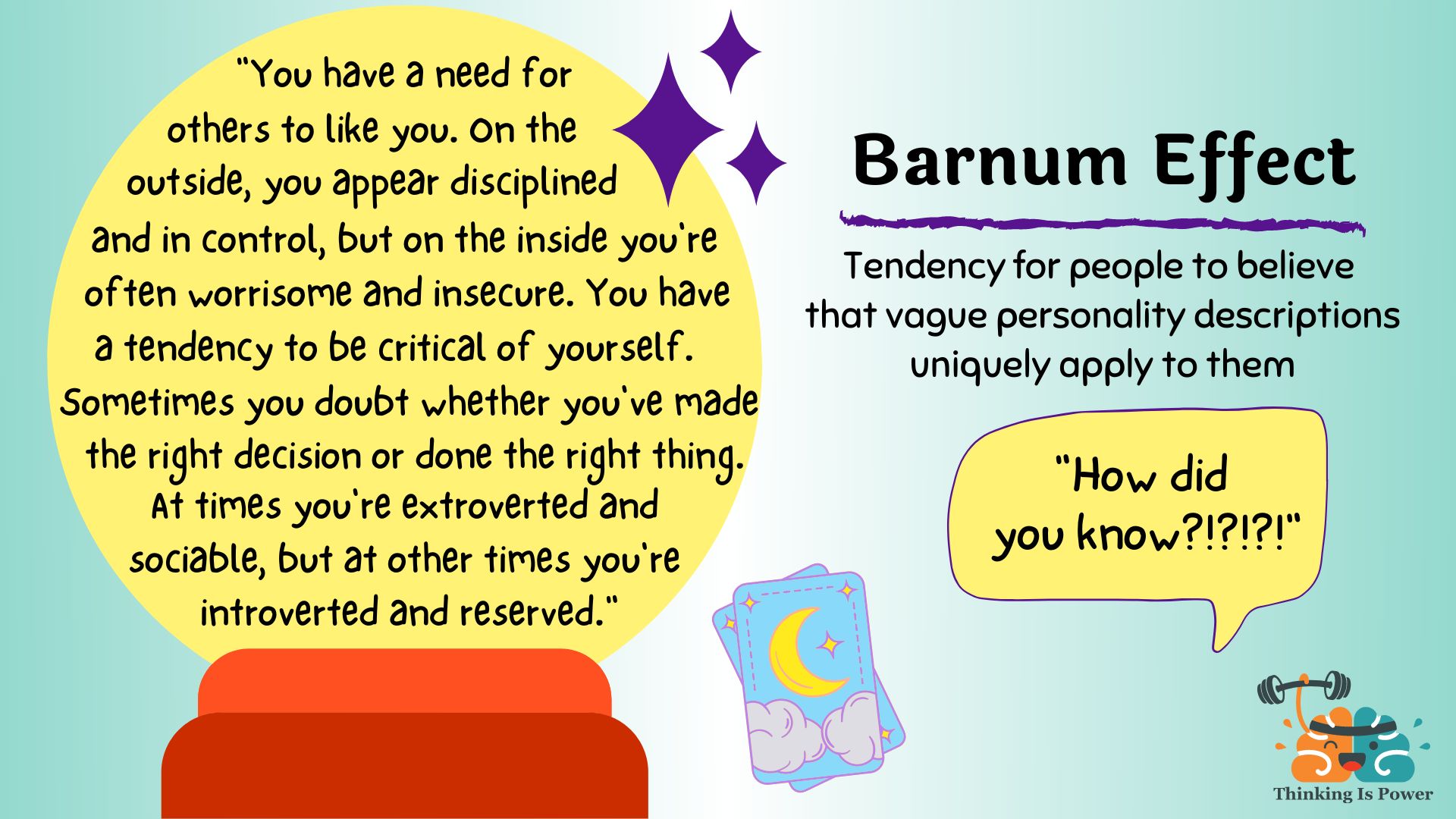 Barnum effect or Forer effect is the tendency for people to believe that vague personality descriptions uniquely apply to them. Shown is a crystal ball with Barnum statements and someone saying, “how did you know?”