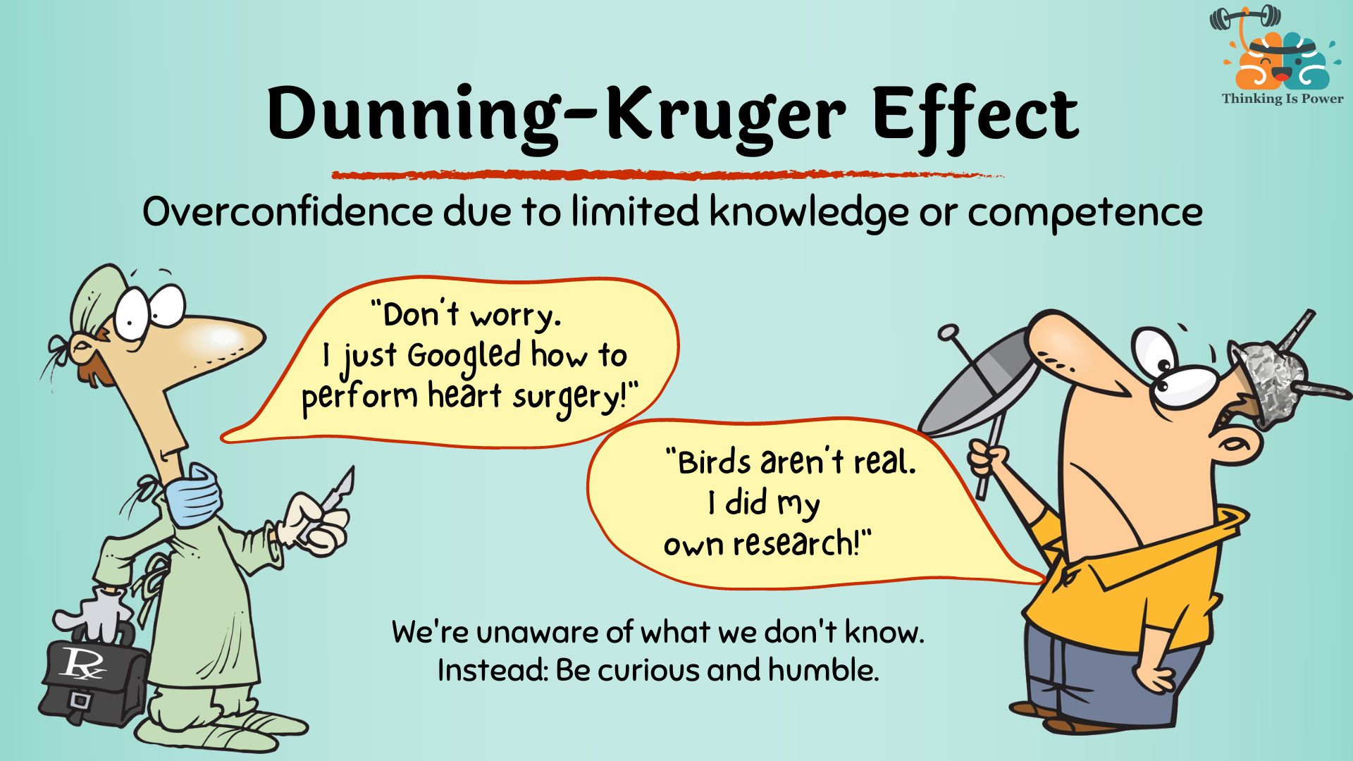 The Dunning-Kruger effect is overconfidence due to limited knowledge or competence. Shown is someone who says, Don't worry, I just Googled how to perform heart surgery! And a man with a tinfoil hat saying, birds aren't real. I did my own research! We're unaware of what we don't know. Instead: Be curious and humble.