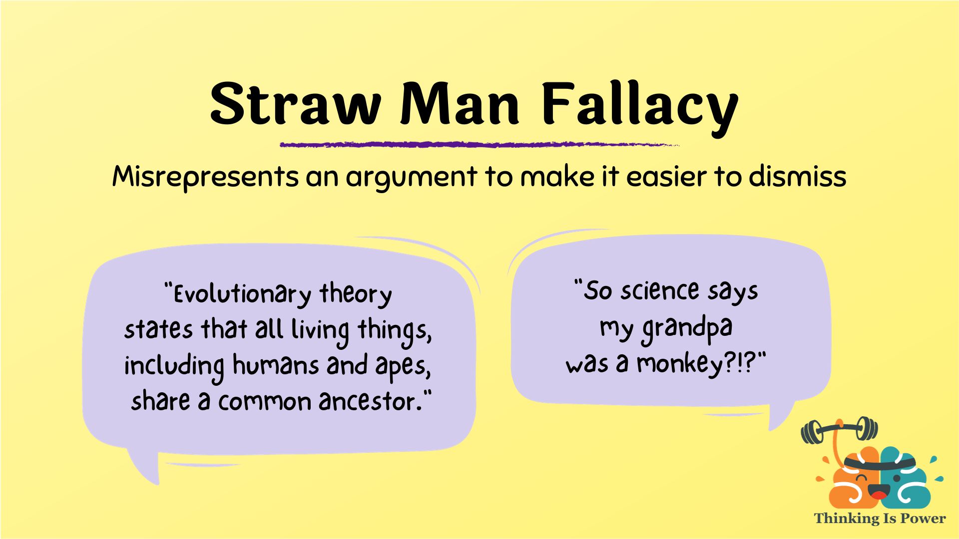 Straw man fallacy mispresents someone's argument to make it easier to dismiss; example is someone who says evolutionary theory states all living things have a common ancestor and the other says so you're saying my grandpa was a monkey?