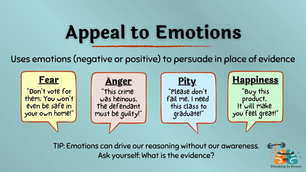 Appeal to emotions logical fallacies uses emotions, either negative or positive, to persuade in place of evidence. Fear: Don't vote for them. You won't even be safe in your own home! Anger: This crime was heinous. The defendant must be guilty! Pit: Please don't fail me. I need this class to graduate! Happiness: Buy this product. It will make you feel great! TIP: Emotions can drive our reasoning without our awareness. Ask yourself: What is the evidence?