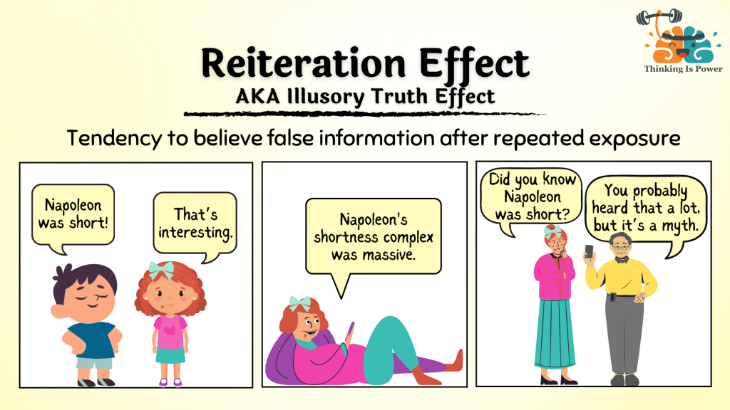 The reiteration effect, aka the illusory truth effect, si the tendency to believe false information after repeated exposure. Shown is a young boy telling a young girl that Napoleon was short. Next is that girl as a teenager reading on her phone about Napoleon's shortness complex. And last is the woman saying Did you know Napoleon was short? and a guy who responds, You probably heard that a lot, but it's a myth.