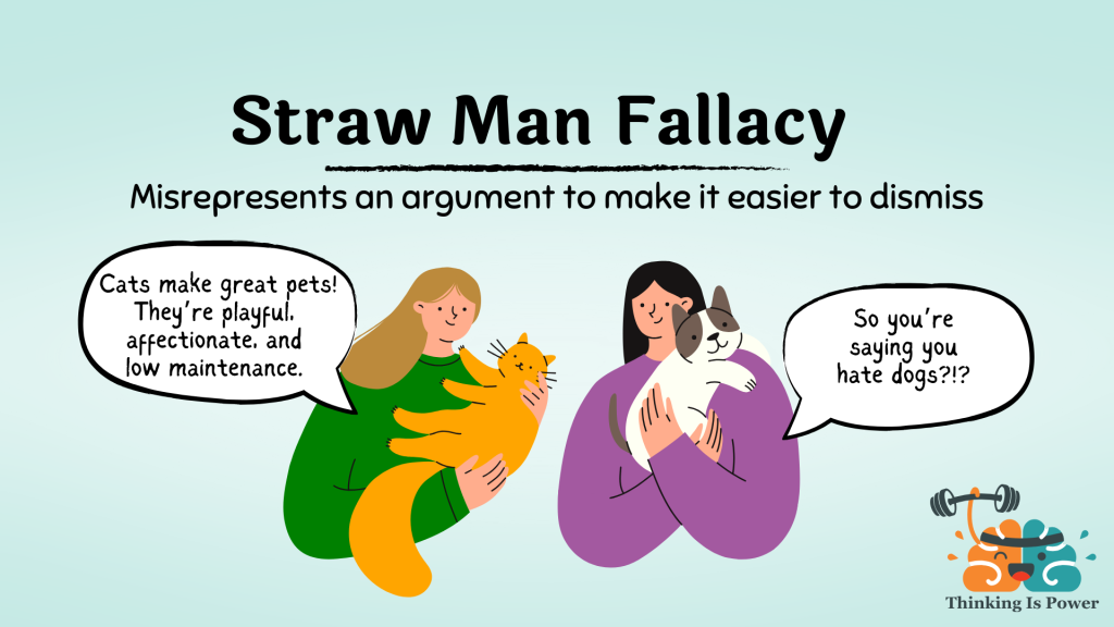 The straw man fallacy misrepresents an argument to make it easier to dismiss. Shown is a woman holding a cat who says, cats make great pets! They're playful, affectionate, and low maintenance. Another woman holding a dog says, so you're saying you hate dogs?!?