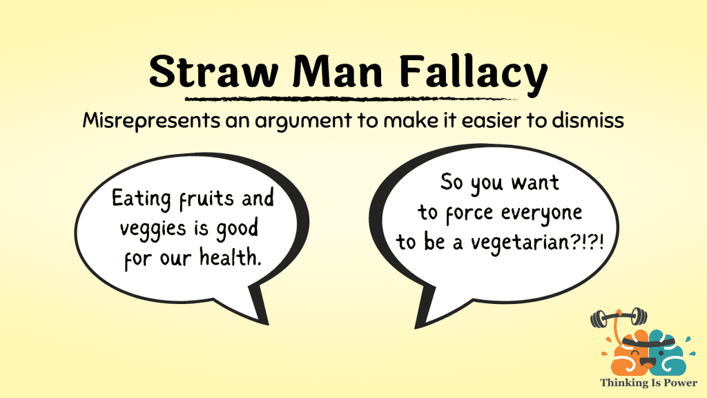 The straw man fallacy misrepresents an argument to make it easier to dismiss. One quote bubble says, "eating fruits and veggies is good for our health." The other says, "So you want to force everyone to be a vegetarian?!?"