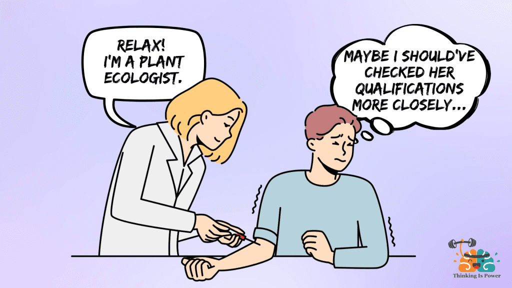 Shown is a woman in a lab coat taking blood from a man. She says "Relax! I'm a plant ecologist." And he replied, "Maybe I should've checked her qualifications more closely.