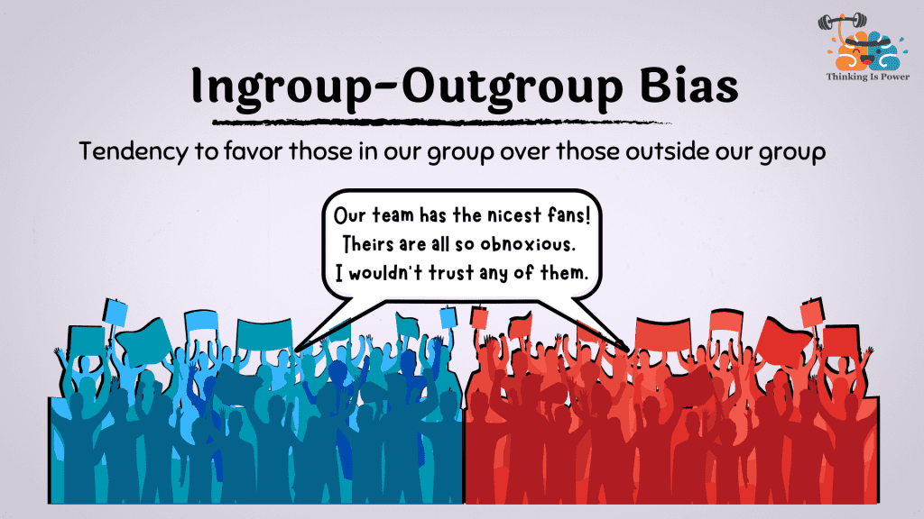 Ingroup-Outgroup Bias: Tendency to favor those in our group over those outside our group. Shown are sports fans from different teams. They all say, "Our team has the nicest fans! Theirs are all so obnoxious. I wouldn't trust any of them"